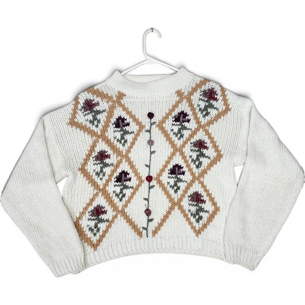 Vintage 80s Hand Knit Floral Sweater Cream Diamond Argyle 3D Flowers Large